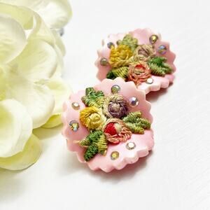 Vintage Art Deco Pink Lucite and AB Embroidered Flowers Clip Earrings